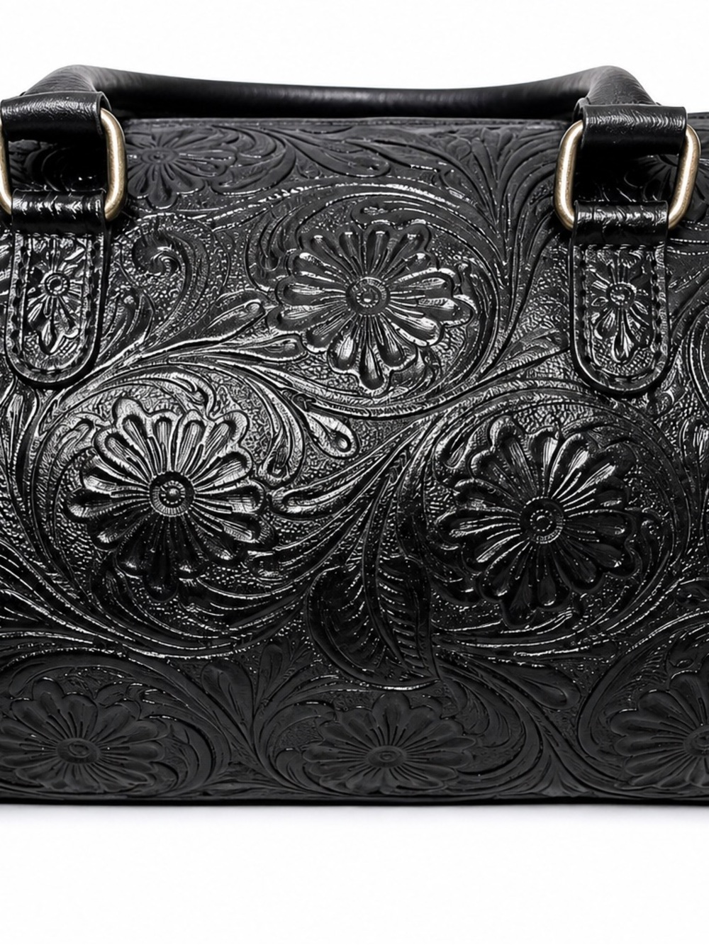 Hand Tooled Leather Speedy Bag Black Floral Western Satchel Large - Picture 3 of 6